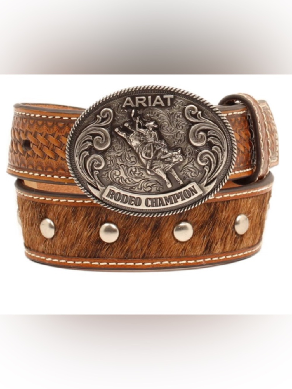 Ariat 22 Rodeo Brown Studded Kids' Genuine Leather Belt with Calf Hair-On Detail - Picture 8 of 8